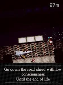 Screenshot of a grainy 5th generation videogame. A dimly lit scene of a fishlike creature on rusty metal grates. The caption reads "Go down the road ahead with low consciousness. Until the end of life"