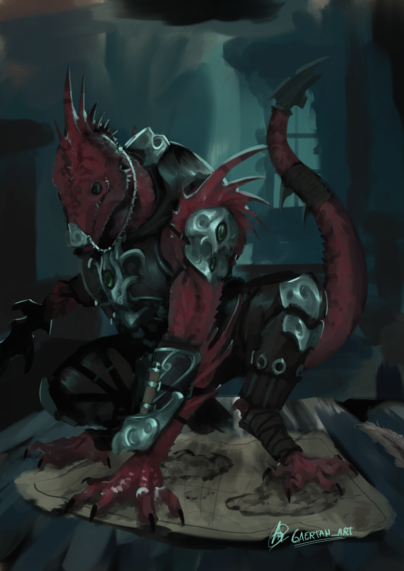Digital illustration depicting a red-skinned lizard person kneeling on top of a table with a map, in a dark room/dungeon. The character has spiky "mohawk" and spiked fins across the forearms and deltoids, as well as a stripped pattern across the spine,head and tail. They appear to be wearing a steel and leather armor adorned with swirly motifs and some round gems. The nose is adorned with a steel piece of jewelry with a chain towards a necklace. The left arm, towards the camera, appears to have some sort of script,map, or written thing rolled up and tied to it.