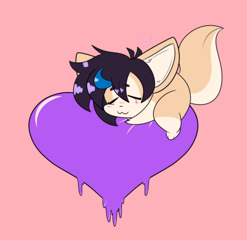 chibi style fox hugging onto a purple heart