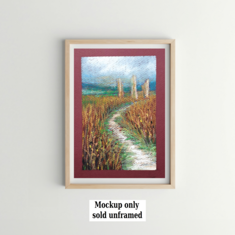 An oil pastel painting of a group of the Machrie Moor Standing Stones on the Isle of Arran, Scotland. These historic ruins date back to the Neolithic and early Bronze Age periods, approximately 3500 to 1500 BC.
an original art work
Fine art oil pastel on toned pastel paper
Size A5 (21cm x 14.5cm)
Sold unframed
