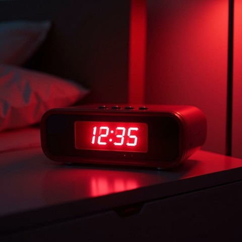 Red radio art: red clock radio on a bedside table or cabinet, four small buttons on top in a row, with a red back lit display, slightly dull white digits, showing 12:35 in  a dim red lit room