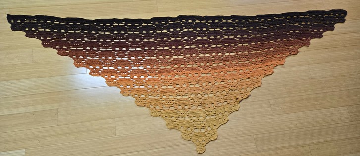 Triangular shawl, very long "wings" in shades of autumn. Gold at the tip, then through orange, than red/orange, brown and finally very dark brown. The pattern is repeating skulls in filet crochet.