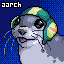 a headshot of a baikal seal wearing a green helmet that was worn by one of the jet set radio protagonists, on a blue background