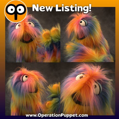 A grid of four images of a rainbow fur live hands monster puppet with trans flag colour eyes