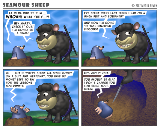 Episode from the stylized 3D Seamour Sheep comic strip series, featuring a fluffy cartoon sheep and a sarcastic mole.