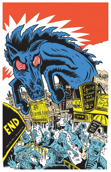 An illustration of a blue demonic horse attacking East Colfax Avenue, Denver, CO.