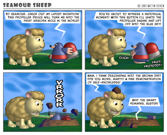 Episode from the stylized 3D Seamour Sheep comic strip series, featuring a fluffy cartoon sheep and a sarcastic mole.