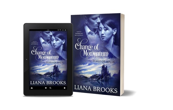 The cover of Change Of Momentum. Predominantly blue the background shows an alien planet with spiky mountains. Above that is a couple, a man with European features and a woman with monolid eyes and dark hair that suggests Asian ancestry. She’s leaning against him while he looks down at her.