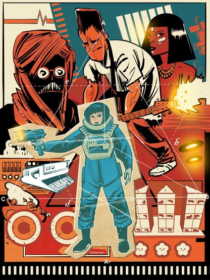 An illustrated montage, featuring a female astronaut, spacemen, and a Frankenstein like monster playing an electric guitar/ machine gun.