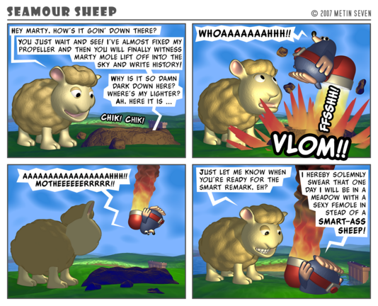 Episode from the stylized 3D Seamour Sheep comic strip series, featuring a fluffy cartoon sheep and a sarcastic mole.