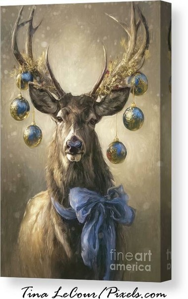 This is a canvas for the Christmas holiday of a beautiful buck with blue and gold ornaments hanging from his antlers and a big blue bow around it's neck.