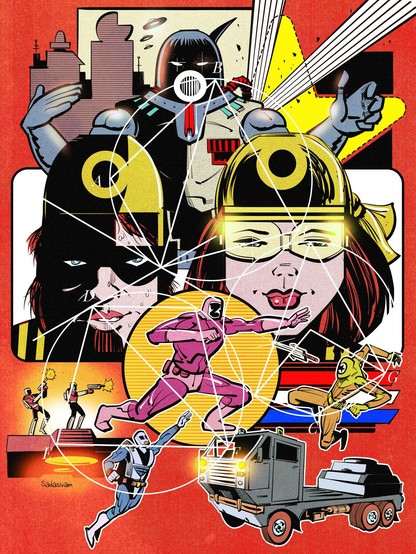 An illustrated sci-fi montage featuring armed fighters, UFOs,  beams and more!