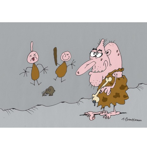 Ein Höhlenmensch hat Höhlenmalerei gemalt: Einen Höhlenmenschen mit Keule, einen mit Beule.