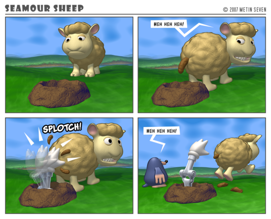 Episode from the stylized 3D Seamour Sheep comic strip series, featuring a fluffy cartoon sheep and a sarcastic mole.