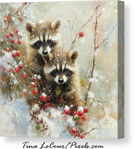 This is a canvas of a pair of adorable raccoon siblings in the snow
