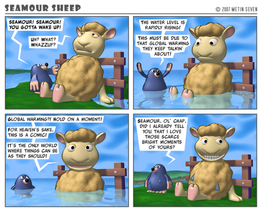 Episode from the stylized 3D Seamour Sheep comic strip series, featuring a fluffy cartoon sheep and a sarcastic mole.