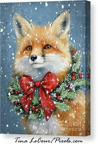 This is a canvas of a sweet red fox wearing a christmas wreath with big red bow against a blue background with snowflakes.