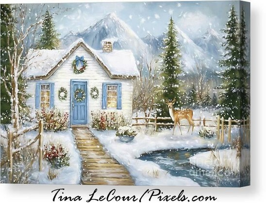 This is a canvas of a pretty white cottage during the winter christmas season set in the mountains with pine trees , a bubbling brook and a deer next next to the brook.