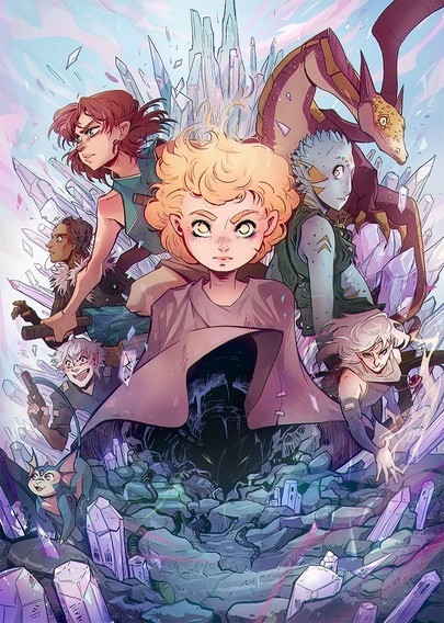 Comicart Illustration in the style of classic fantasy movie posters. The Cast of Vom Anfang. A red haired girl, in the center, sourrounded by other teamembers posing individually in cool way, of the webcomic. Crystall struktures flying around, There is a dragon and a blue catlike creatue. The poncho of the center girl opens and warps into a cave, where green small eyes a lurking.