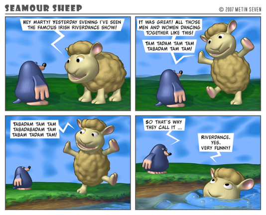 Episode from the stylized 3D Seamour Sheep comic strip series, featuring a fluffy cartoon sheep and a sarcastic mole.