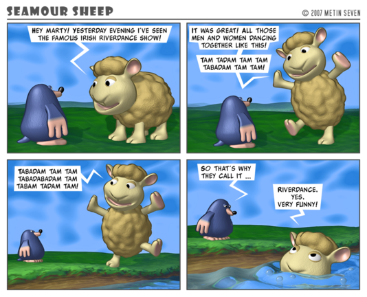 Episode from the stylized 3D Seamour Sheep comic strip series, featuring a fluffy cartoon sheep and a sarcastic mole.