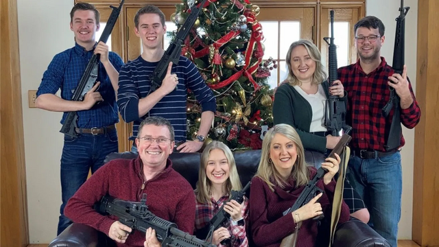 #ThomasMassie posted a Christmas photograph of his family posing with military-style rifles, just days after a deadly school shooting with the caption: "Merry Christmas! ps. Santa, please bring ammo".