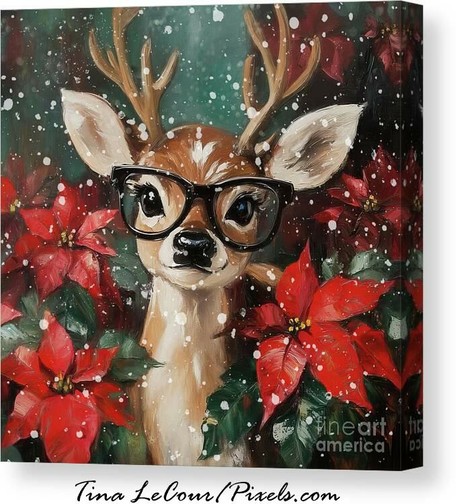 This is a whimsical canvas of a sweet little reindeer wearing big black glassed peaking through some poinsettia flowers.