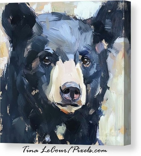 This is an acrylic impressionism on canvas of a very young black bear against a soft white background.