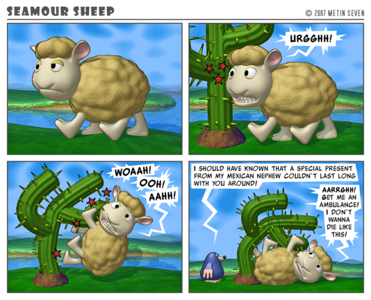 Episode from the stylized 3D Seamour Sheep comic strip series, featuring a fluffy cartoon sheep and a sarcastic mole.