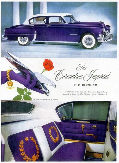 This is a three panel advertisement. At the top a 1950 style car. It is in a shockingly deep rich purple color. The tires have white walls. The car faces from left to right. Blow panel. Has a woman with a purple glove holding The Chrysler imperial Eagle hood ornament in chrome. There’s a rose behind her hand. And the name of the car appears. The lower panel shows the interior. The majority of the car is white with insects of a deep rich purple velvet. The seats are tufted, and there are gold accents.