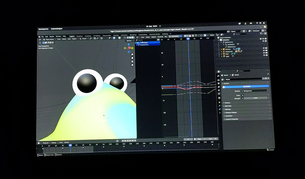 Programmfenster von Blender mit dem Ausschnitt einer Figur. Große Augen sehen in die Kamera.