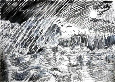 G.
'Stormy Halloween' A wild sea, cliffs, with a ruined church beside a graveyard at the top of the cliffs, circled by ravens.