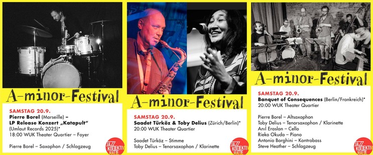 three festival information-cards.
Left: a drummer behind a drum-set (Pierre Borel), centre: a photo of a male saxophone player and a female singer (Toby Delius and Saadet Türköz), right: a photo of a band consisting of a Cello-Player, a drummer, two brass-players, a Double-Bass-Player, and a piano player. Below the photos there are descriptions of the bands (more infos in the post).