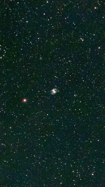 M76 The Little Dumbbell Nebula - unprocessed image.  M76 is one of only four planetary nebulae in Charles Messier's catalog (M27, M57, M76, M97) and was once thought to be two separate nebulae.