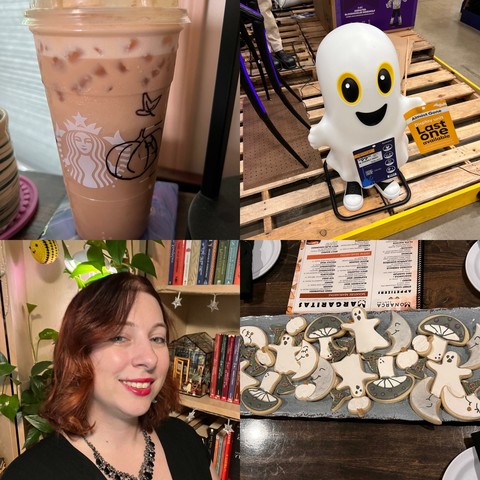 A collection of four photos - from top left, clockwise: a Starbucks drink with a pumpkin and leaf drawn on the cup, a plastic ghost labeled “last one” with converse on, a plate of sugar cookies shaped and decorated like ghosts, mushrooms, crescent moons, and witch hats, and a selfie of me with curled hair, red lipstick, a black dress and a black ornate necklace.