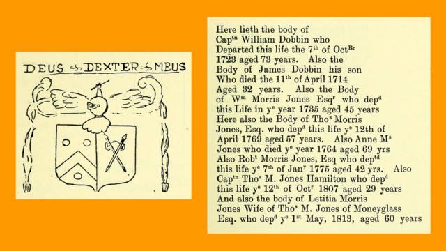 Transcript of a gravestone inscription along with a drawing of a coat of arms that was carved on the gravestone.