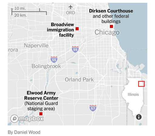 Map of Chicago area highlighting Chicago proper where the Dirksen courthouse is located, the surrounding suburbs where the Broadview immigration facility is located & the Elwood Army Reserve Center where the National Guard are amassing