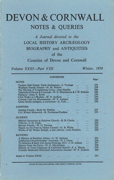 The front cover of Devon & Cornwall Notes & Queries 31:8 for Winter 1970. Plain pale blue with title in black and a table of contents, including articles concerning Tuckers Hall in Exeter, Copplestone Cross, Tidemills in Devon and Cornwall, Fishacre, a Cornish cure for rheumatism and several genealogical pieces.