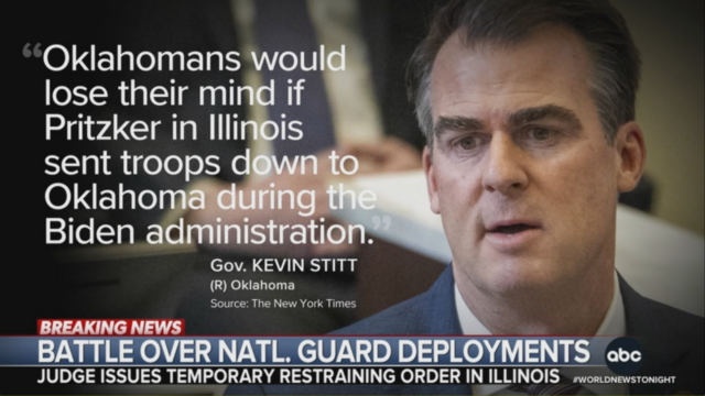 Oklahoma governor Stitt rejects Trump's request to send the Oklahoma National Guard to Illinois.
