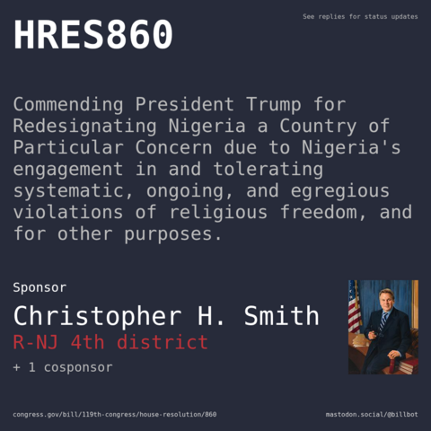 Description of HRES860, and a depiction of its sponsor, Christopher H. Smith. Description of HRES860, and a depiction of its sponsor, Christopher H. Smith.