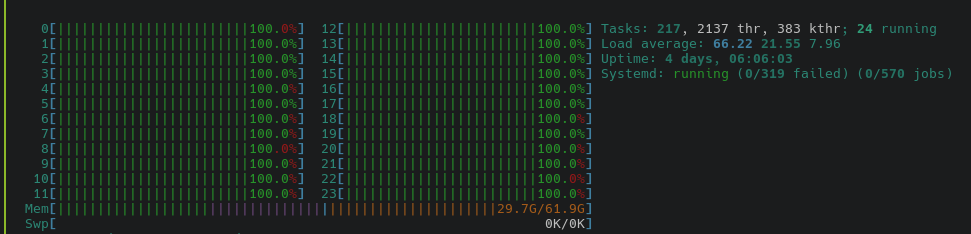 htop, showing all of 24 cores at 100%, 24GB of 64GB used, Load around 66