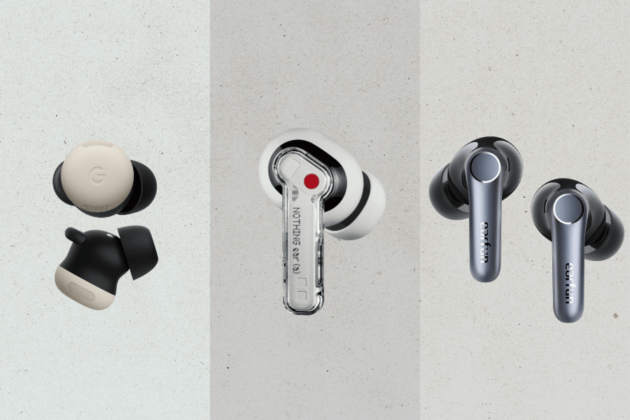 Pixel, nothing, and earfun earbuds on gray background