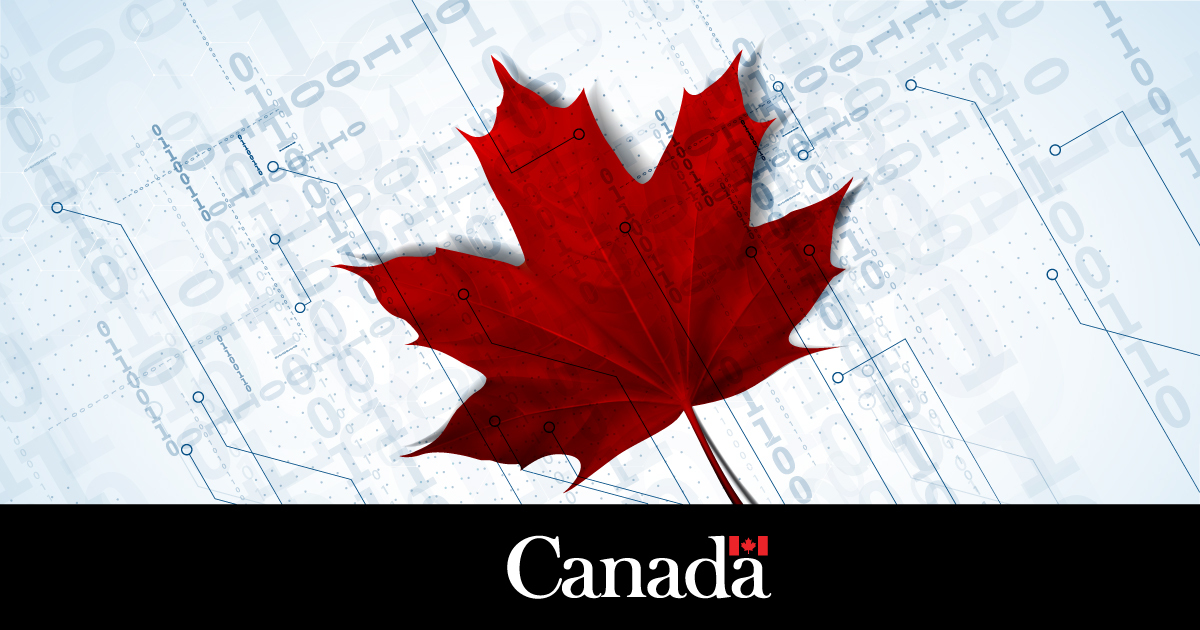 Red maple leaf with numbers and other digital-related imagery laid over it.