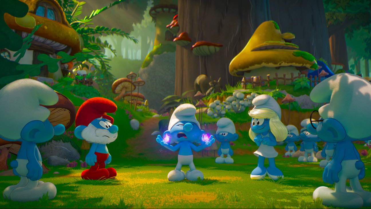 Papa Smurf (John Goodman), No Name (James Corden), Smurfette (Rihanna) and Brainy Smurf (Xolo Mariduena) in Smurfs from Paramount Animation.