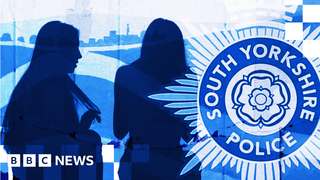Designed image, tinted blue, showing the South Yorkshire Police logo on the right, and silhouettes of teenage girls with long hair. At the top is a mural showing a Rotherham hillside. 
