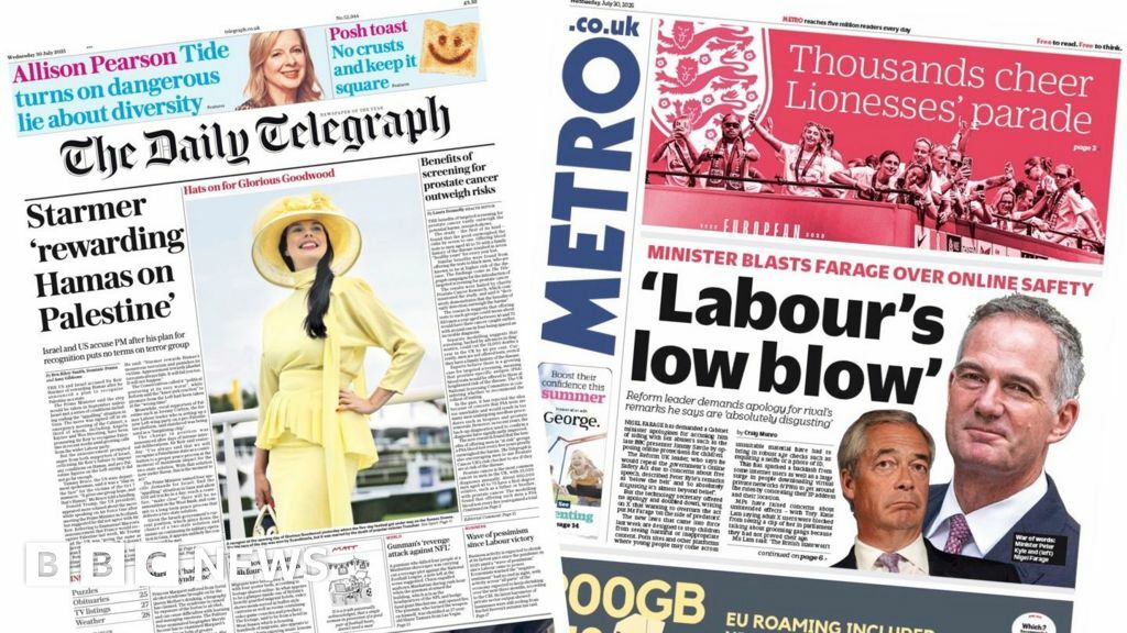A composite image of the front pages of the Daily Telegraph and the Metro on 30 July 2025 A composite image of the front pages of the Daily Telegraph and the Metro on 30 July 2025