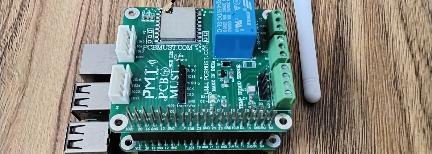 A photo of the HAT with the LoRa module and relay visible on the top