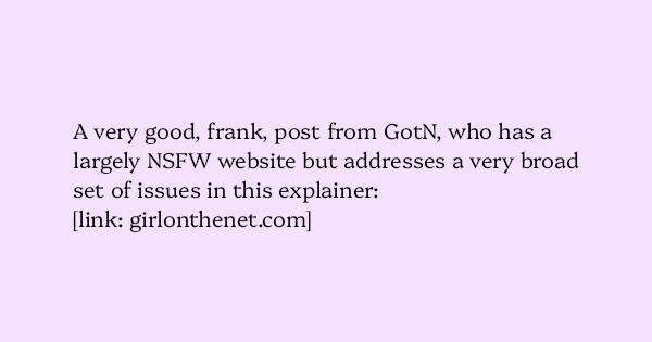image text: A very good, frank, post from GotN, who has a largely NSFW website but addresses a very broad set of issues in this explainer:



https://www.girlonthenet.com/blog/age-verification-whats-the-harm/
