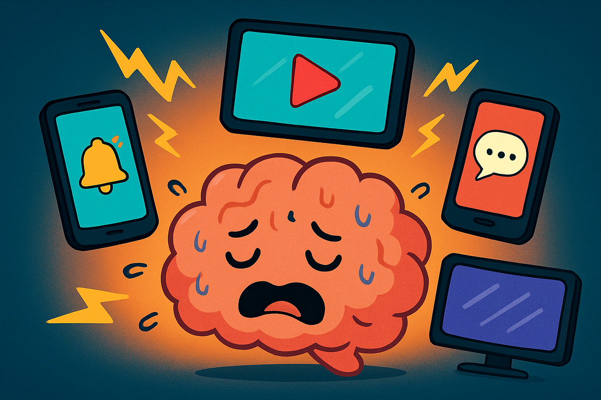 Visual of screens, and a crying brain