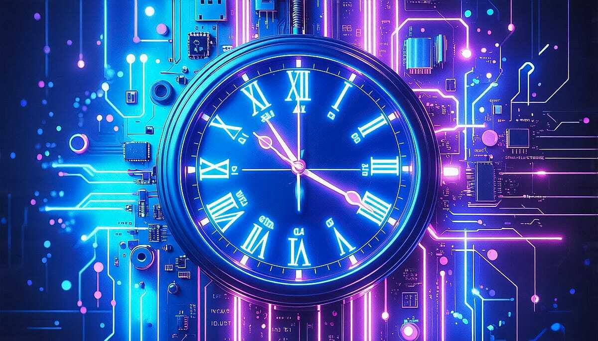 AI-generated illustration of a traditional clock face against a background of electronic components. Image intended for decorative purposes only.